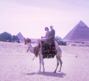 Karen's parents on a camel in Egypt.